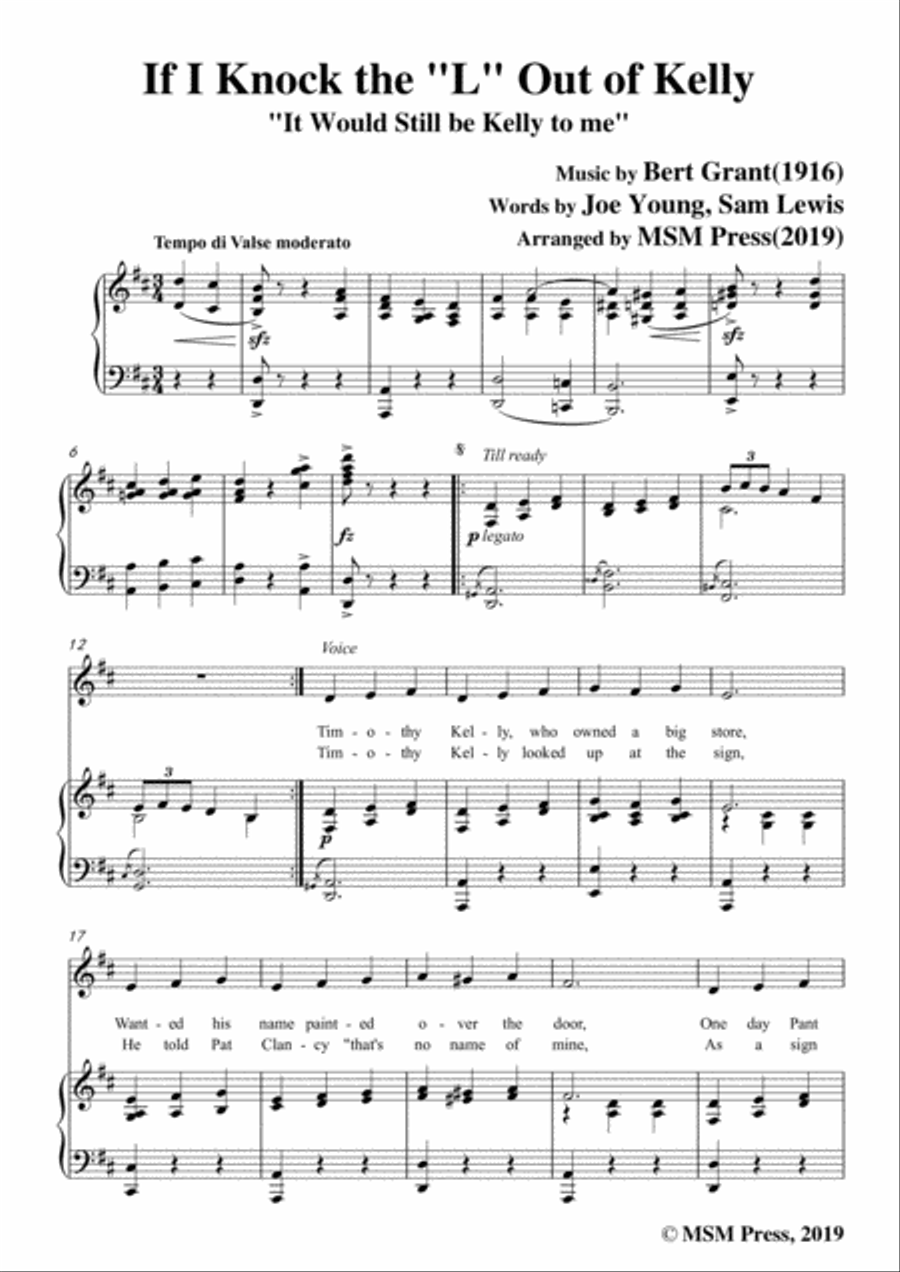 Bert Grant-If I Knock the 'L' Out of Kelly,in D Major,for Voice&Piano Voice scores gallery preview page 3