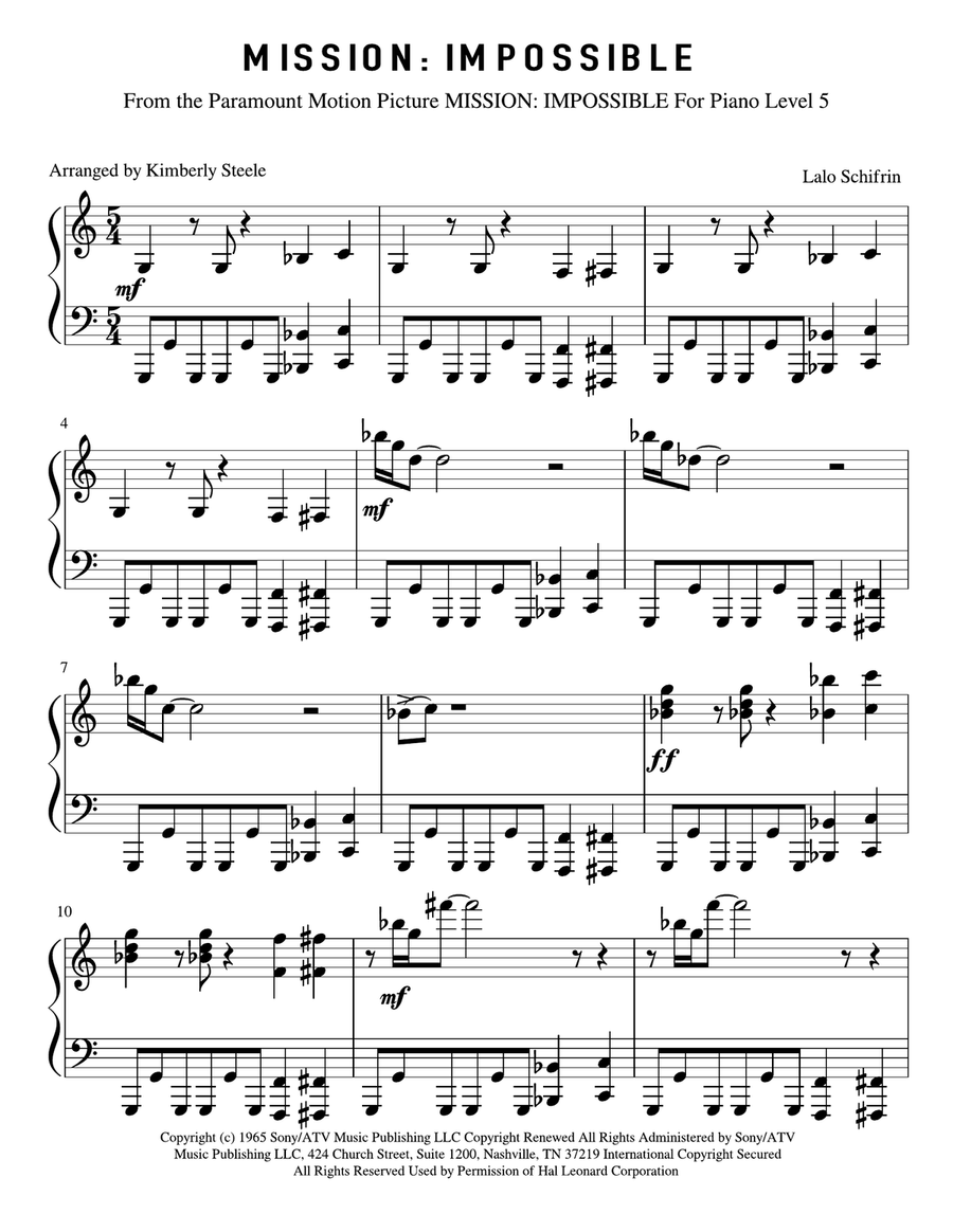 Mission: Impossible Theme from the Paramount Television Series MISSION: IMPOSSIBLE Piano Solo scores gallery preview page 1