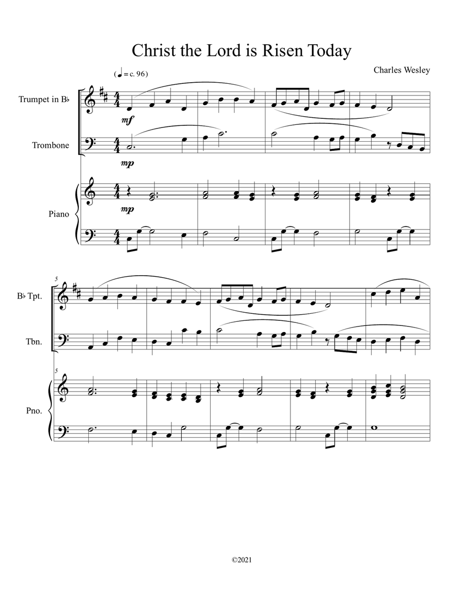 Christ the Lord is Risen Today (trumpet and trombone duet) with optional piano accompaniment Brass Duet scores gallery preview page 1