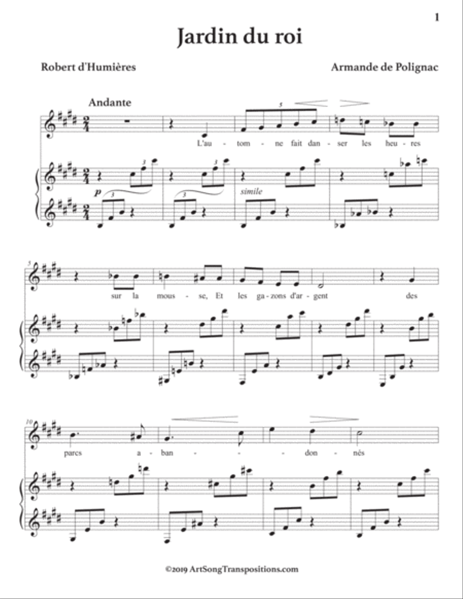 DE POLIGNAC: Jardin du roi (transposed to E major) Voice scores gallery preview page 2