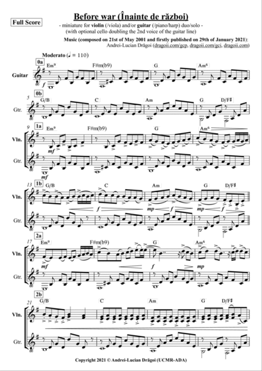 Before war (Înainte de război) - miniature for violin (/viola) and/or guitar (/piano/harp) duo/sol String Duet scores gallery preview page 1