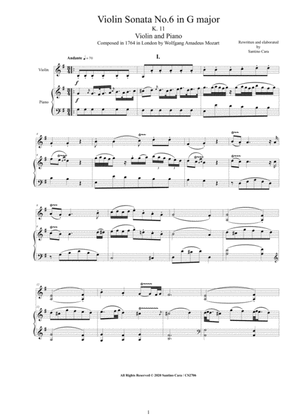 Mozart - Violin Sonata No.6 in G major K 11 for Violin and Piano - Score and Part