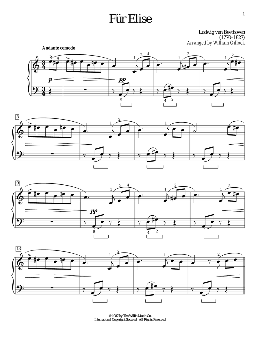 Fur Elise (arr. William Gillock) Piano Method scores gallery preview page 1