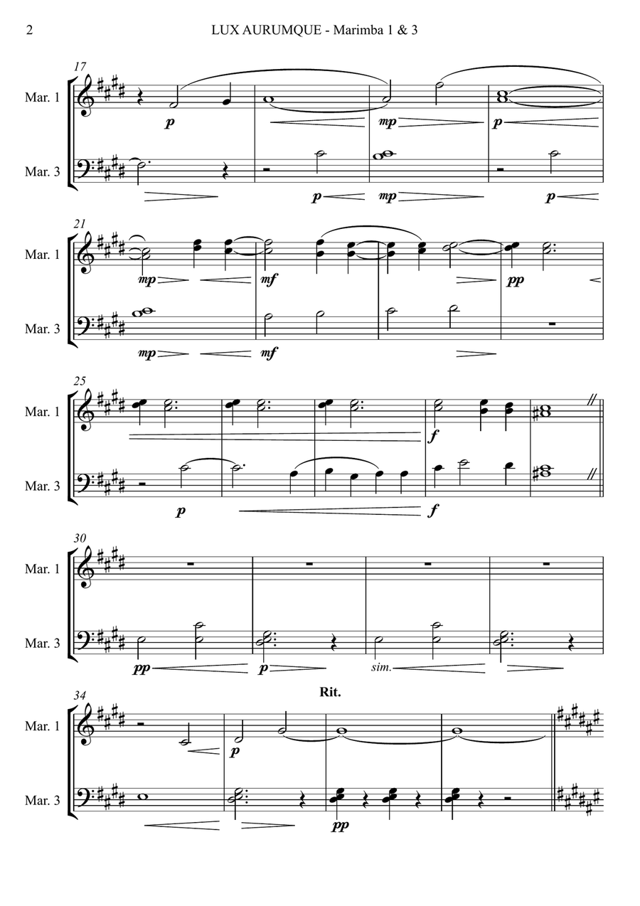 Lux Aurumque for Marimba Quartet (arr. Joby Burgess) - MARIMBA 1 & 3 Percussion Ensemble scores gallery preview page 2