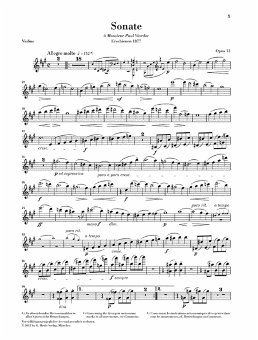 Sonata No. 1 in A Major, Op. 13 for Violin and Piano