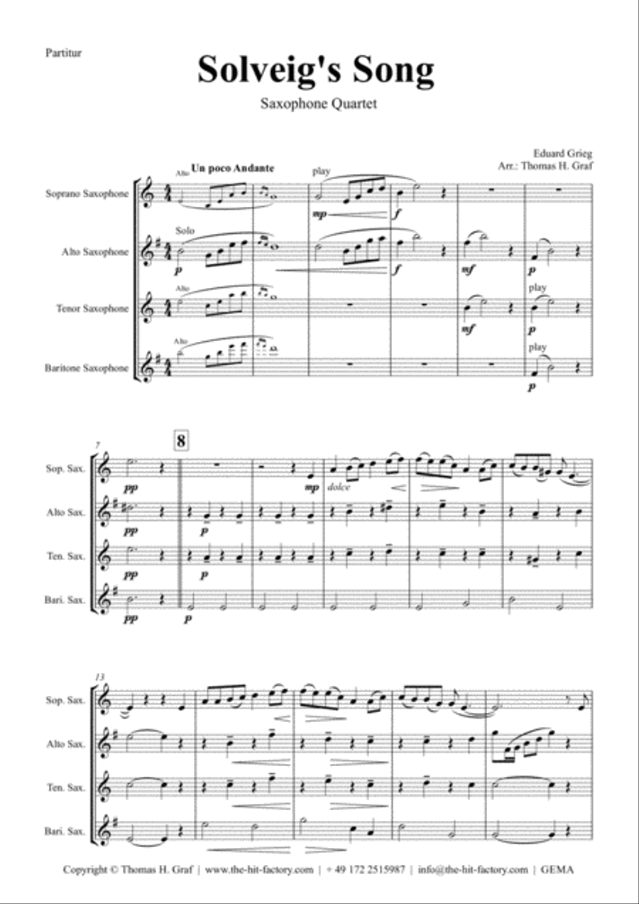 Solveig's Song - from Peer Gynt Suite - Saxophone Quartet Saxophone Quartet scores gallery preview page 1