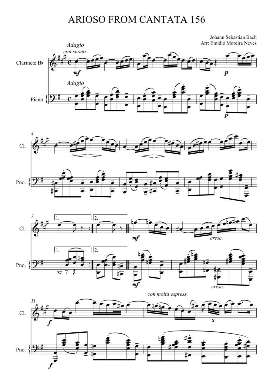 Arioso from cantata 156 for Clarinet and Piano B-Flat Clarinet scores gallery preview page 1