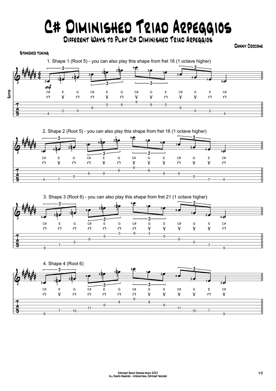 C# Diminished Triad Arpeggios (5 Ways to Play) Electric Guitar scores gallery preview page 1