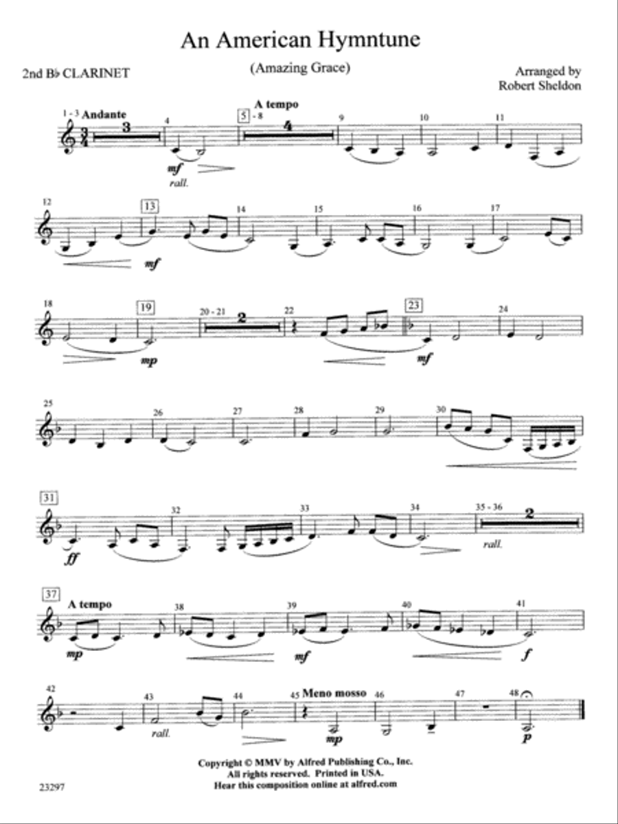An American Hymntune (Amazing Grace): 2nd B-flat Clarinet Concert Band scores gallery preview page 1