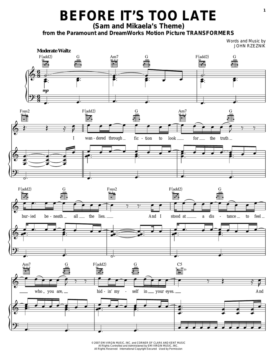 Before It's Too Late (Sam And Mikaela's Theme) 3-Part scores gallery preview page 1