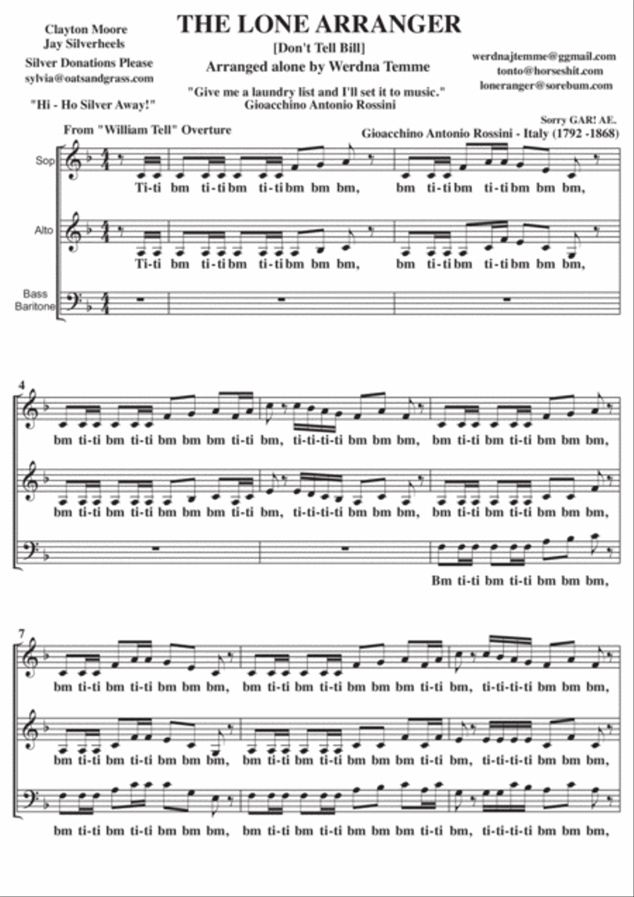 The Lone Ranger theme tune A Cappella SAB 3-Part scores gallery preview page 1