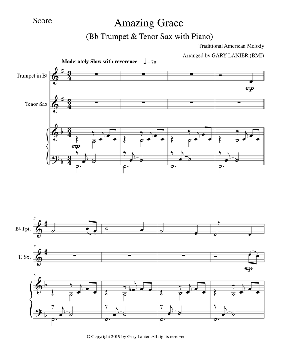 AMAZING GRACE (Bb Trumpet & Tenor Sax with Piano - Score & Parts included) Tenor Saxophone scores gallery preview page 2