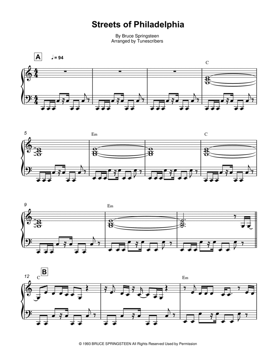 Streets of Philadelphia (piano solo in C) Piano Solo scores gallery preview page 1