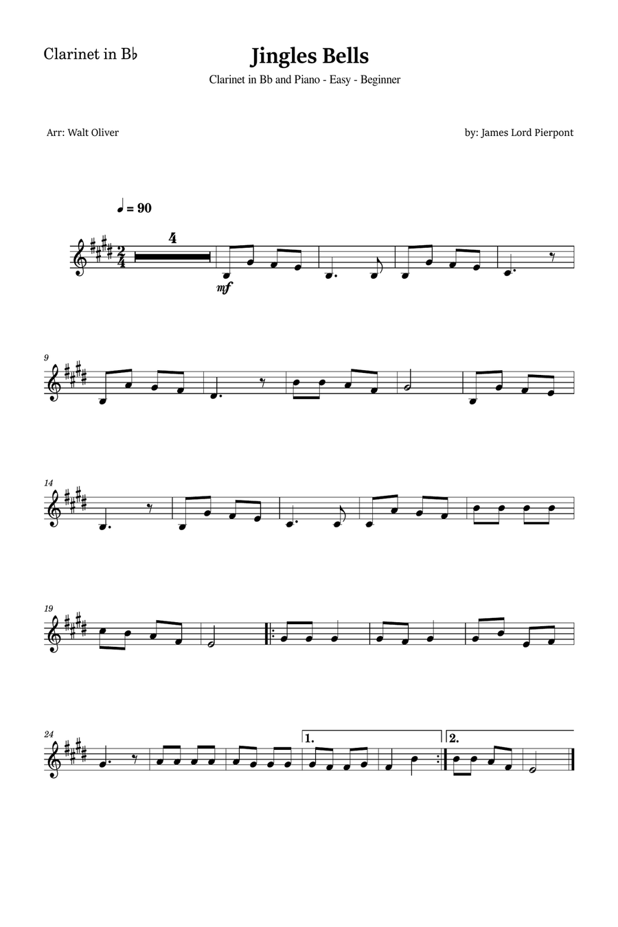 Jingle Bells for Clarinet and Piano (Easy - Beginner) B-Flat Clarinet scores gallery preview page 3