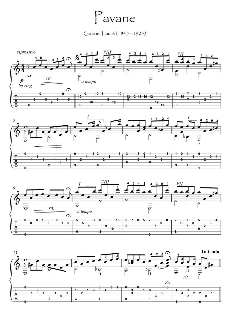 Pavane by Gabriel Faure guitar solo Classical Guitar scores gallery preview page 1