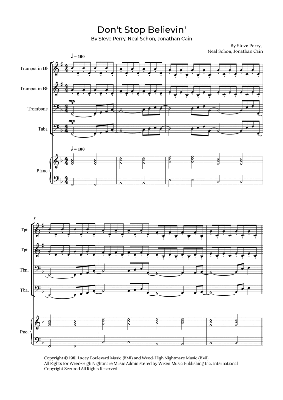 Don't Stop Believin' Brass Quartet scores gallery preview page 1