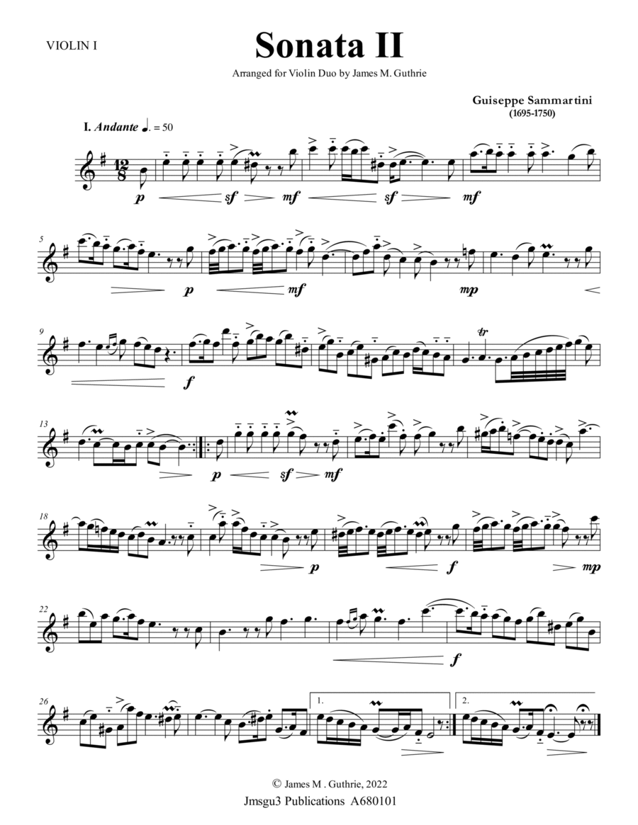 Sammartini: Sonata Op. 1 No. 2 for Violin Duo image number null