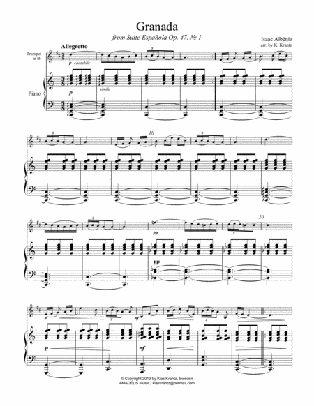 Granada from Suite Espanola for trumpet in Bb and piano image number null