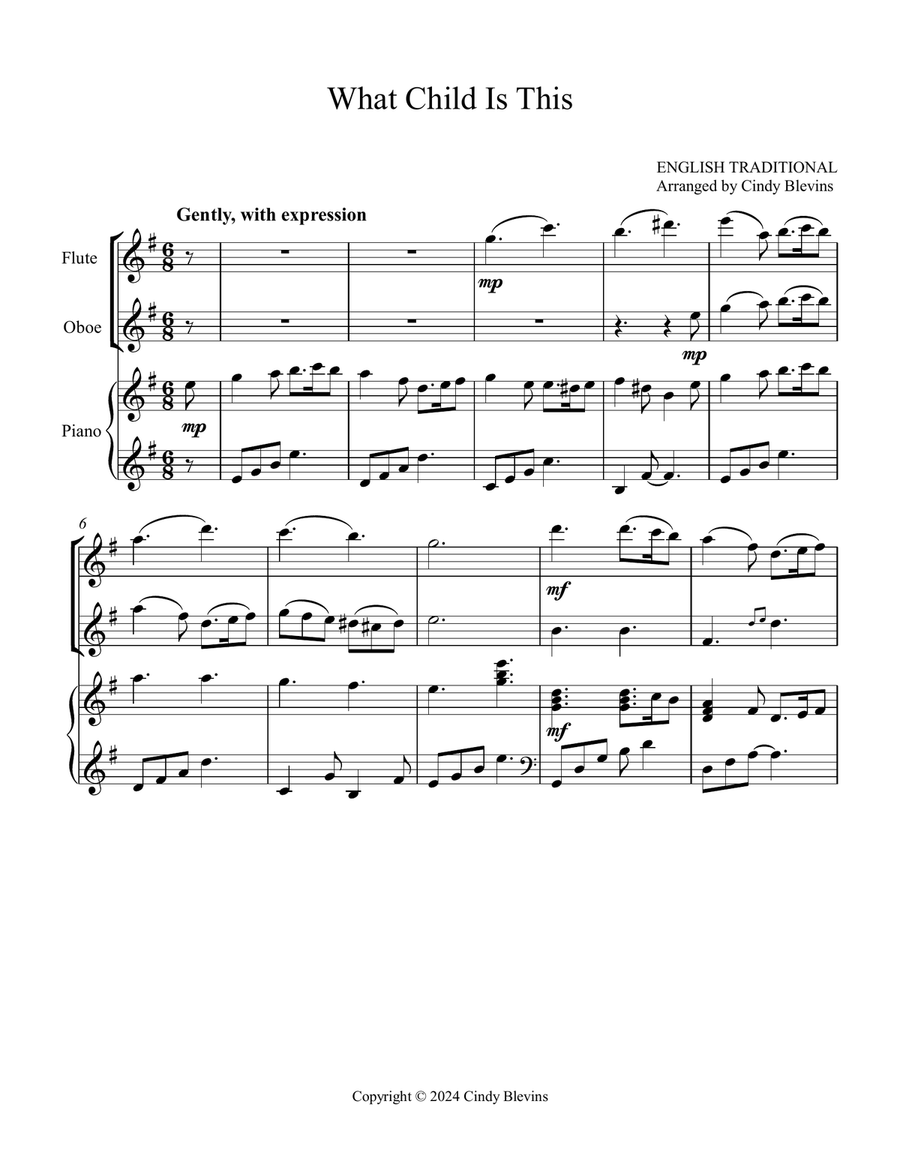 What Child Is This, for Flute, Oboe and Piano Woodwind Duet scores gallery preview page 2