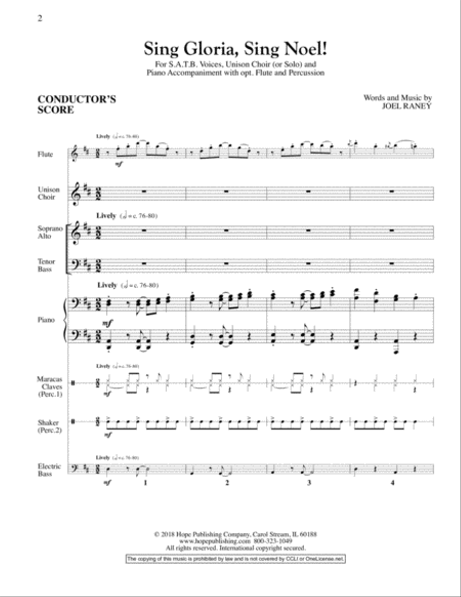 Sing Gloria, Sing Noel!-Raney-Conductor's Score, Flute, & Percussion-Digital Ver Unison Choir scores gallery preview page 2