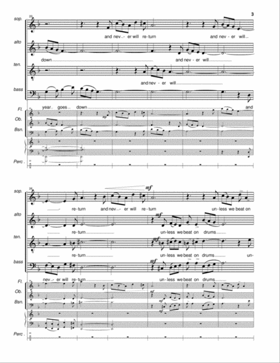 Solstice for SATB choir, soprano and baritone solo, piano, flute, oboe, bassoon, and optional percus 4-Part scores gallery preview page 3