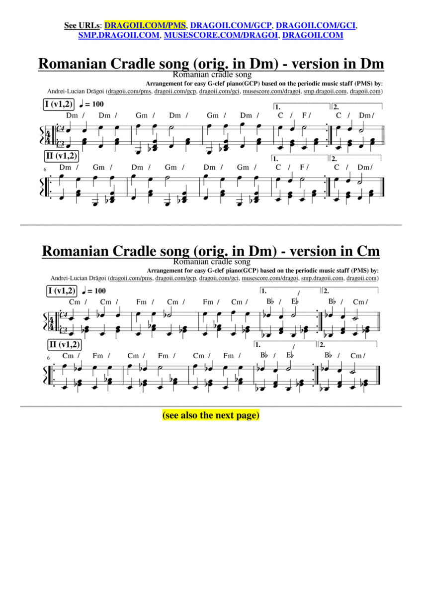 Anonymous - Romanian Cradle song - G-clef piano (GCP) arr with PMS image number null