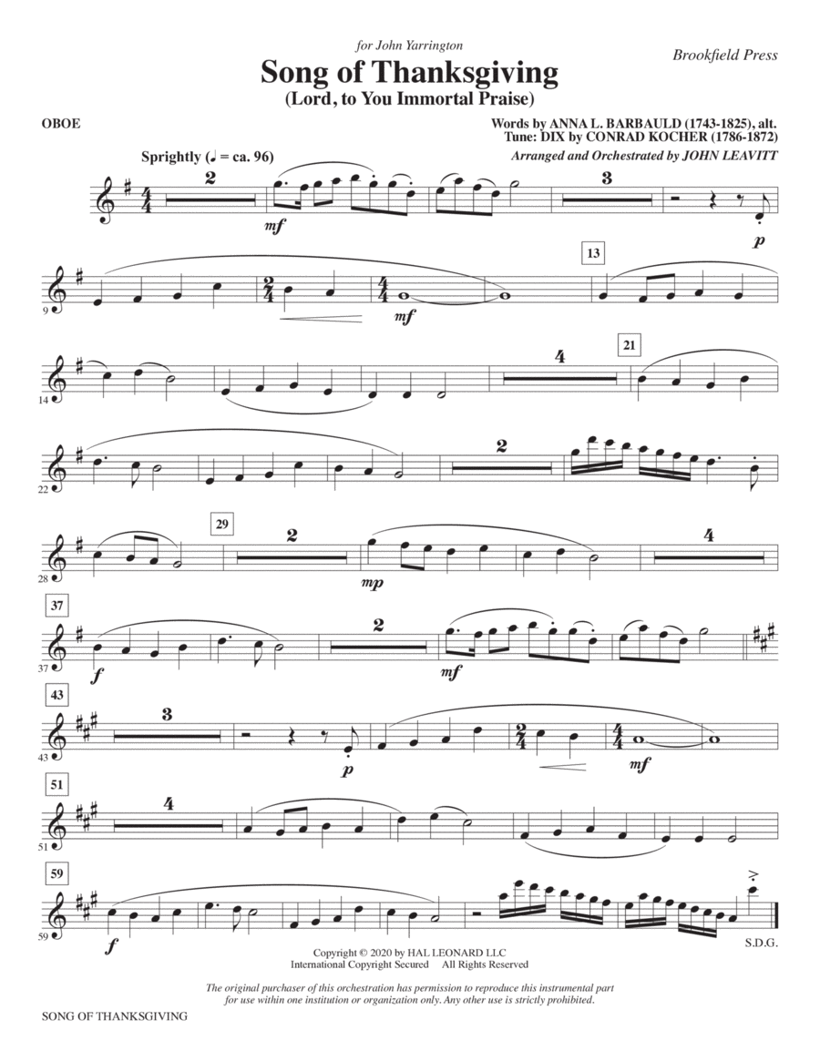 Song of Thanksgiving (Lord, to You Immortal Praise) (arr. Leavitt) - Oboe