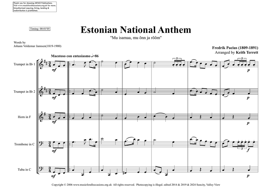 Estonian National Anthem for Brass Quintet ( Mu isamaa, mu õnn ja rõõm) Brass Quintet scores gallery preview page 2