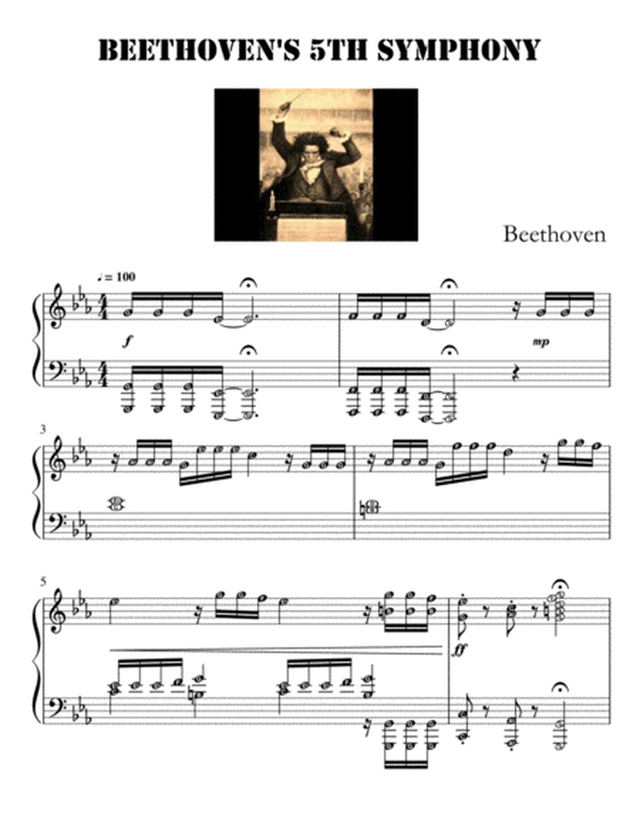 Beethoven's 5th Symphony (Piano Grade 3 - 4 Intermediate, with note names) image number null