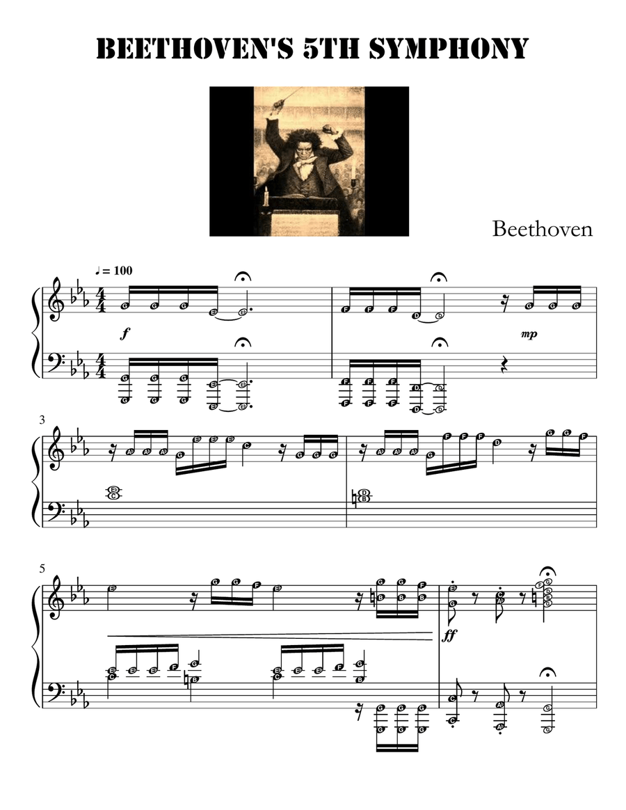 Beethoven's 5th Symphony (Piano Grade 3 - 4 Intermediate, with note names) Easy Piano scores gallery preview page 1