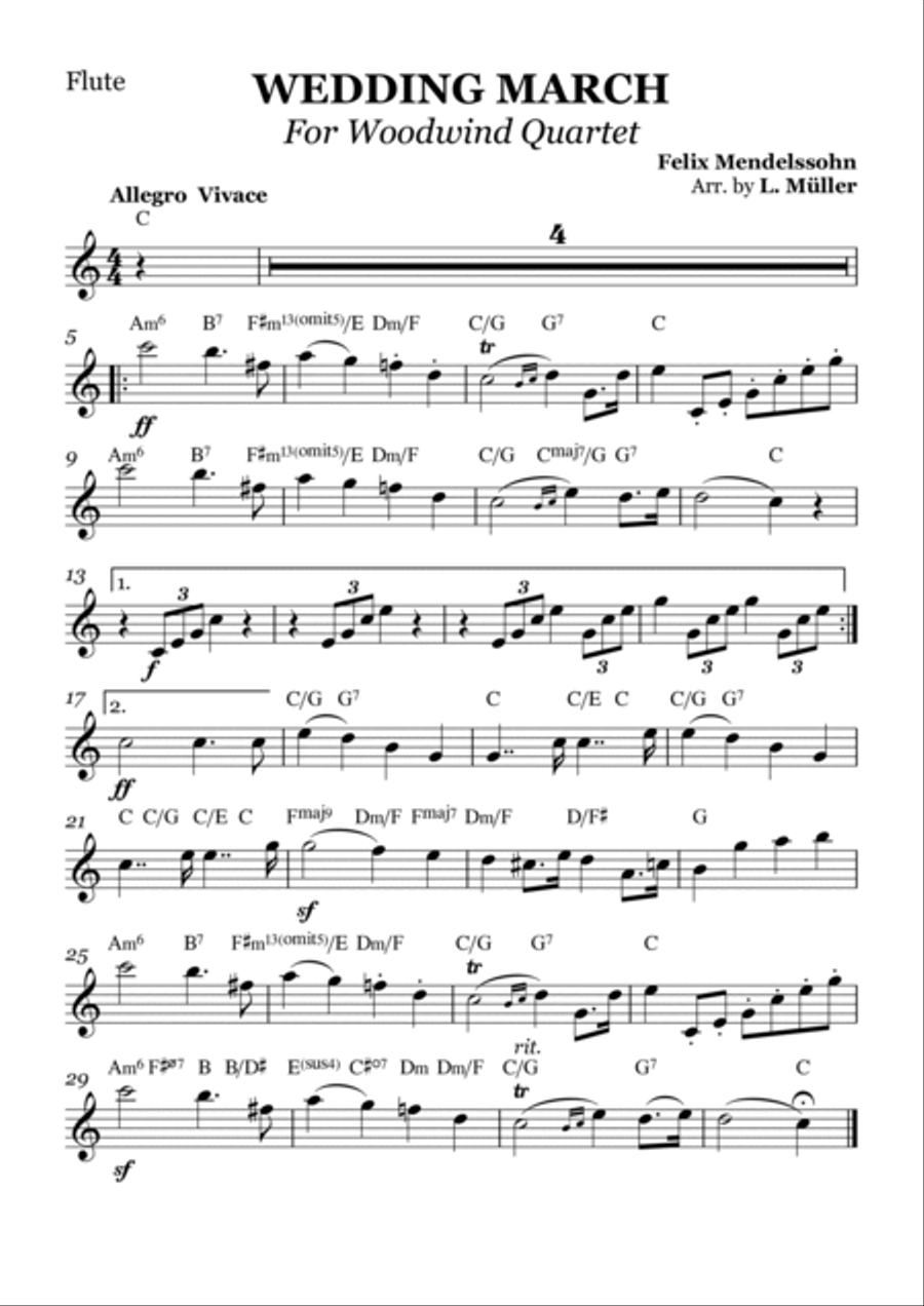 Wedding March - Woodwind - With chords Woodwind Quartet scores gallery preview page 4