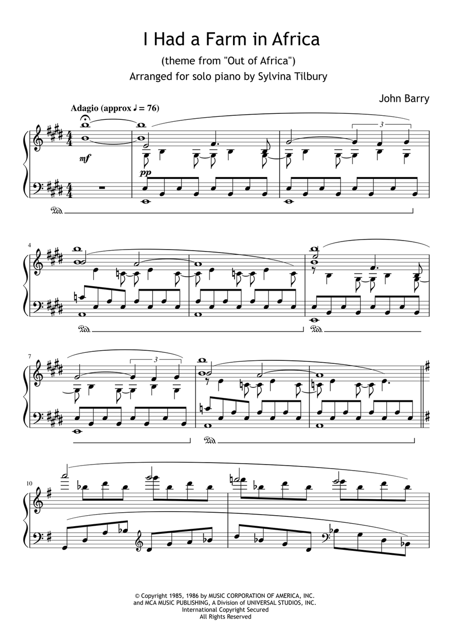 I Had A Farm In Africa (main Title) Piano Solo scores gallery preview page 1