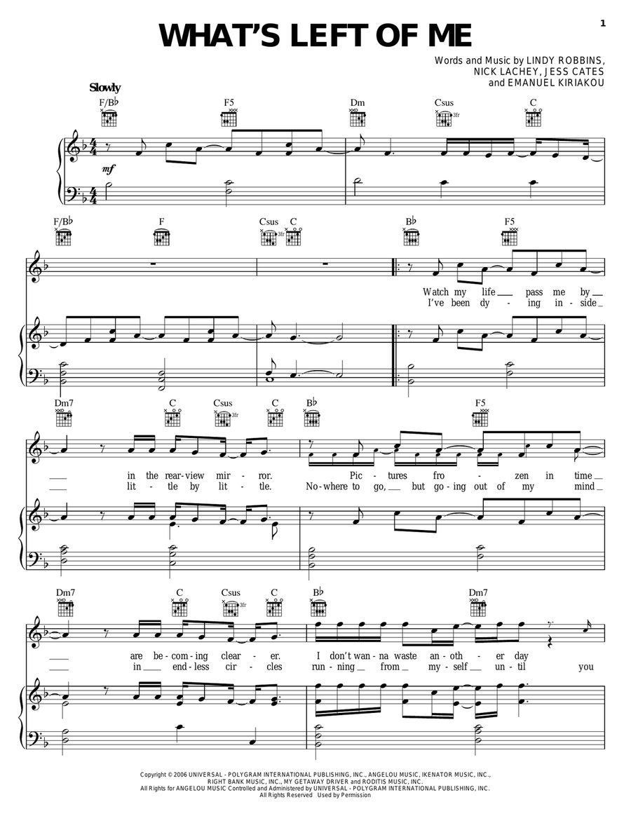 What's Left Of Me Piano, Vocal, Guitar scores gallery preview page 1