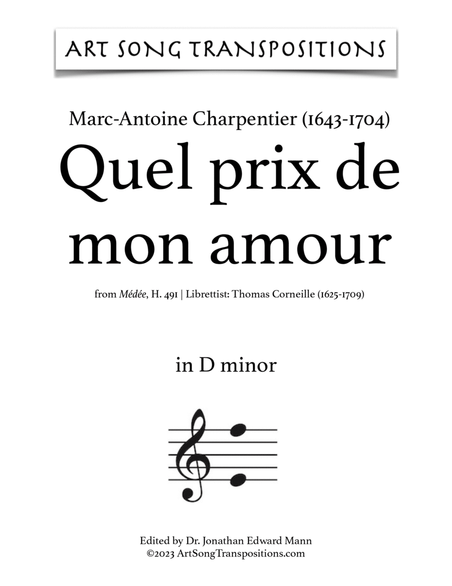 CHARPENTIER: Quel prix de mon amour (transposed to D minor) Voice scores gallery preview page 1