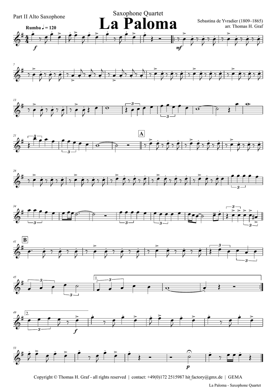 La Paloma - Spanish Habanera - Saxophone Quartet H - Arrangement: Thomas H. Graf Saxophone Quartet scores gallery preview page 6