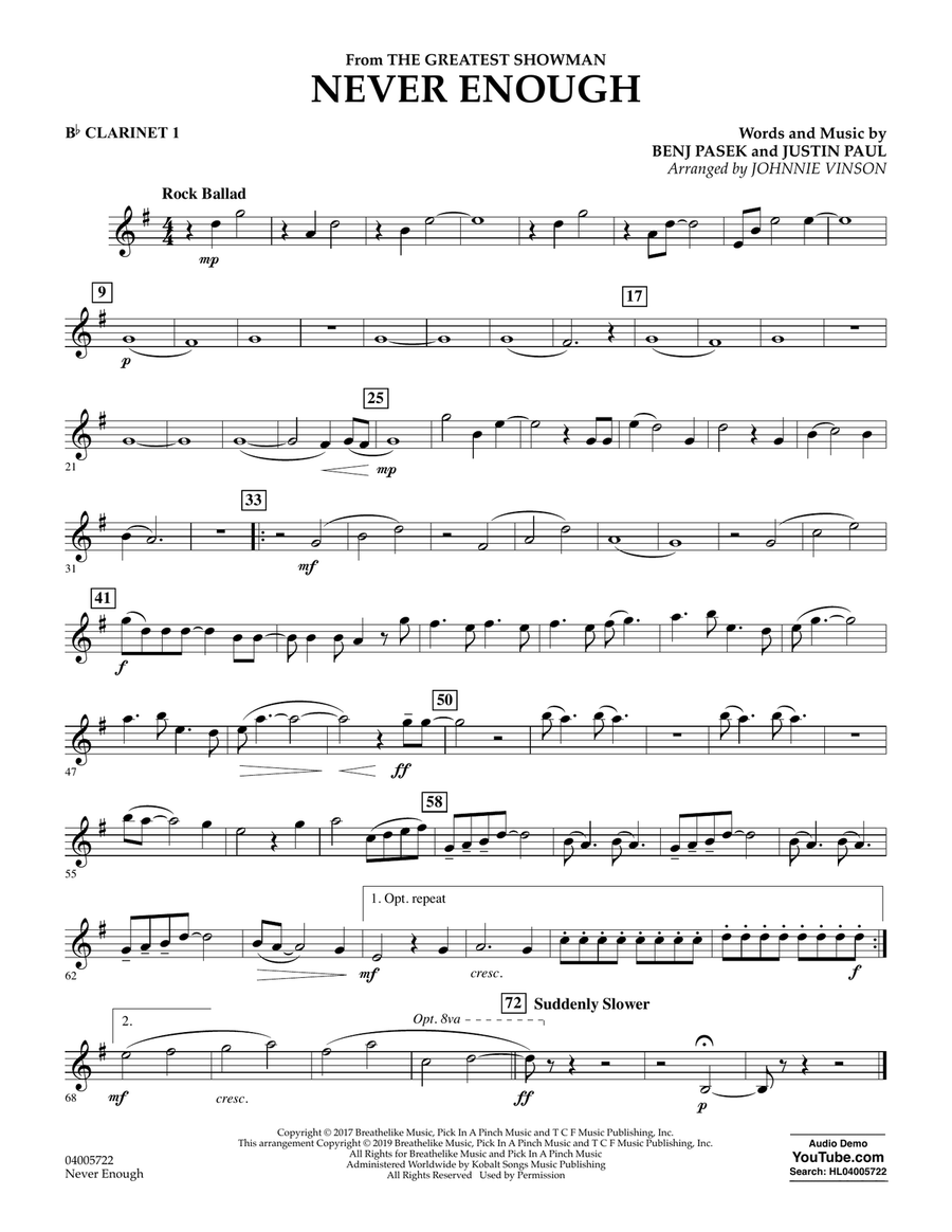 Never Enough (from The Greatest Showman) (arr. Johnnie Vinson) - Bb Clarinet 1 Concert Band scores gallery preview page 1