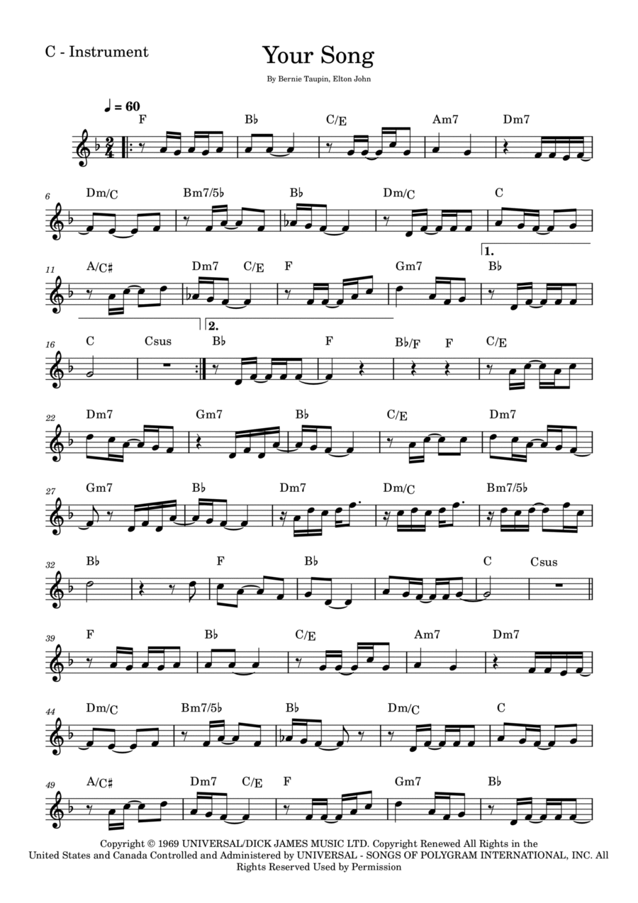 Your Song Your Song Easy Piano scores gallery preview page 1