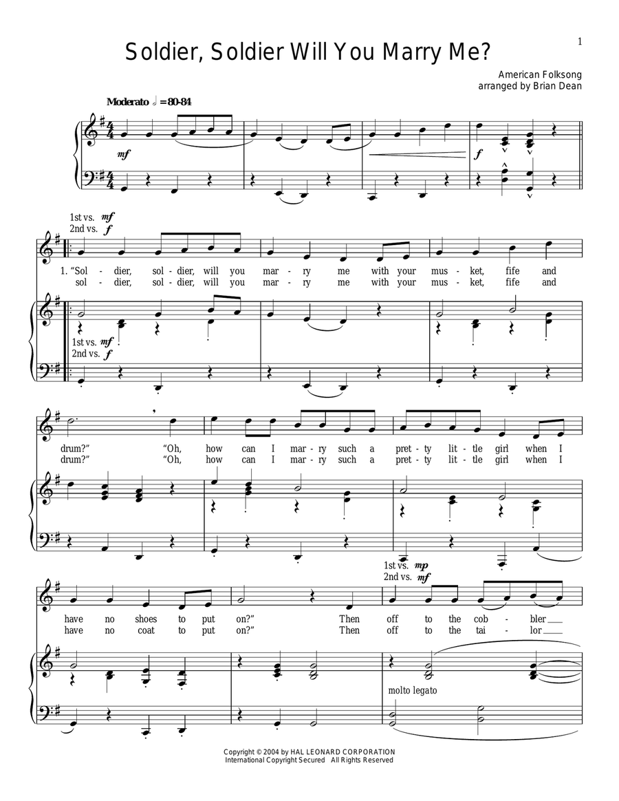 Soldier, Soldier Will You Marry Me Piano, Vocal scores gallery preview page 1