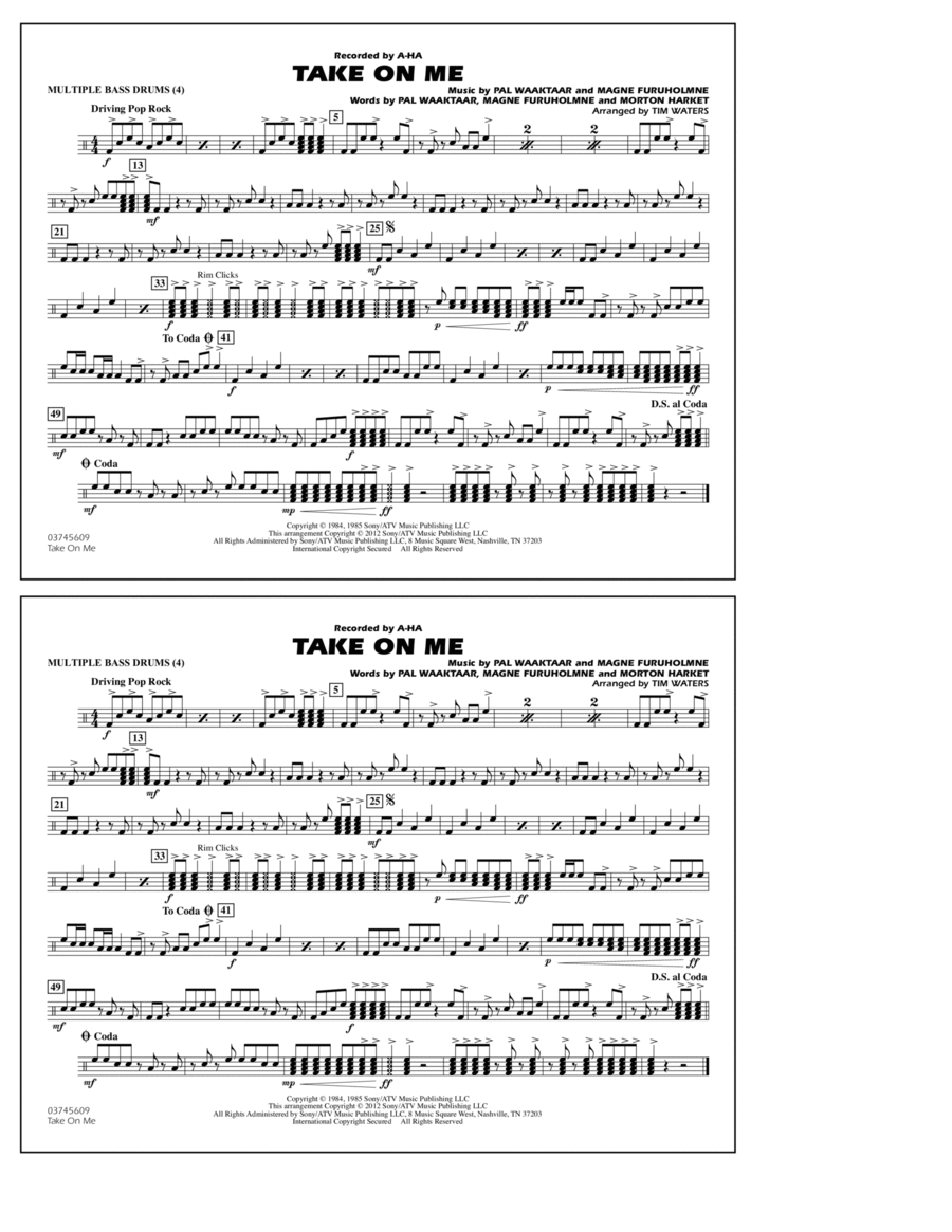 Take On Me - Multiple Bass Drums Marching Band scores gallery preview page 1