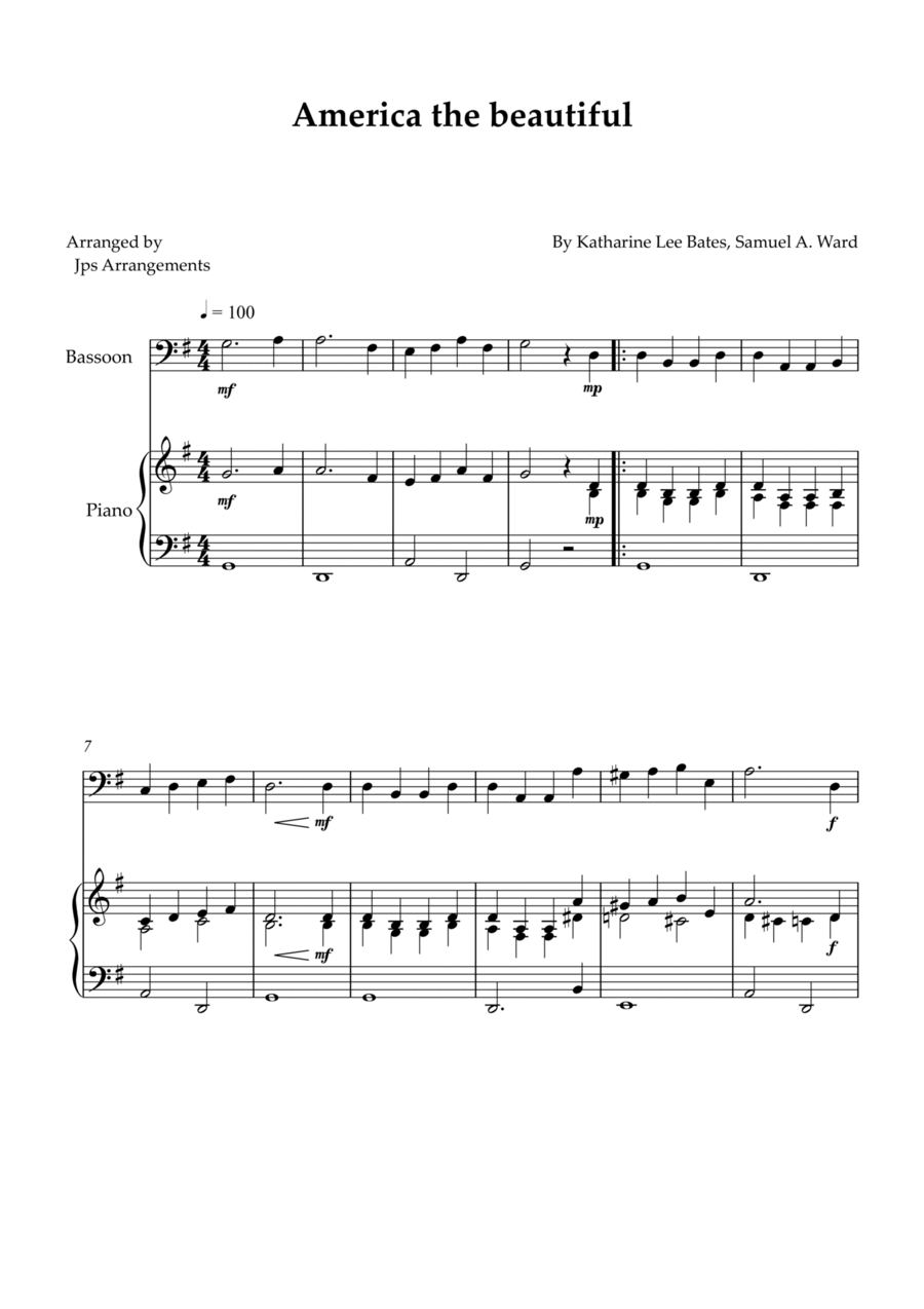America The Beautiful - Bassoon solo and piano Bassoon Solo scores gallery preview page 1