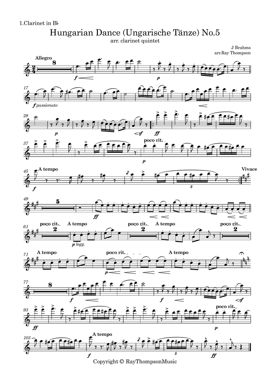 Brahms: Hungarian Dance (Ungarische Tänze) WoO1 No.5 - clarinet quintet Clarinet Quintet scores gallery preview page 6