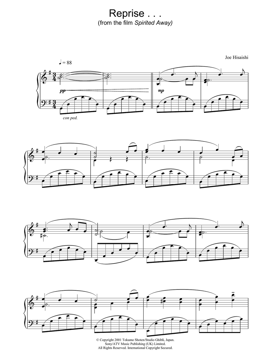 Reprise ... (from Spirited Away) Piano Solo scores gallery preview page 1