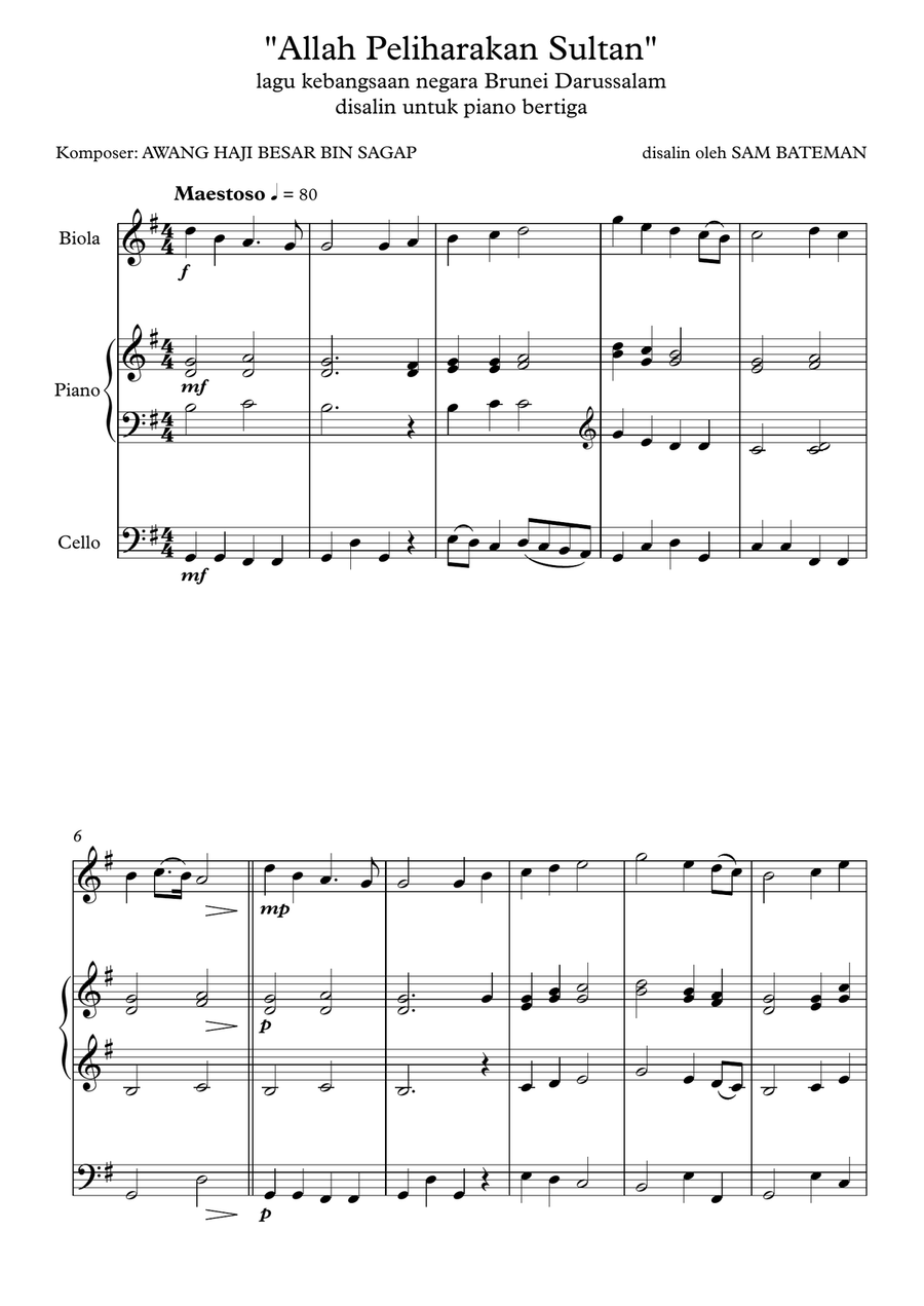 Allah Peliharakan Sultan Piano Trio scores gallery preview page 2
