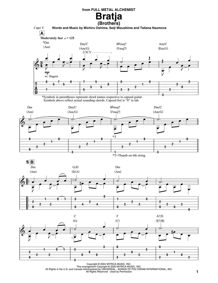 Bratja (Brothers) (from Full Metal Alchemist) Electric Guitar scores gallery preview page 1