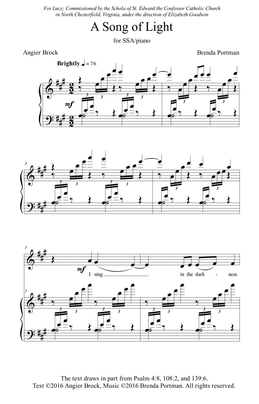 A Song of Light (SSA/piano) - Brenda Portman SSA scores gallery preview page 1