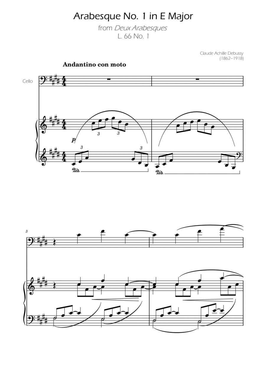 Debussy - Arabesque Nº1 - Cello Solo w/ Piano Accompaniment Piano scores gallery preview page 1