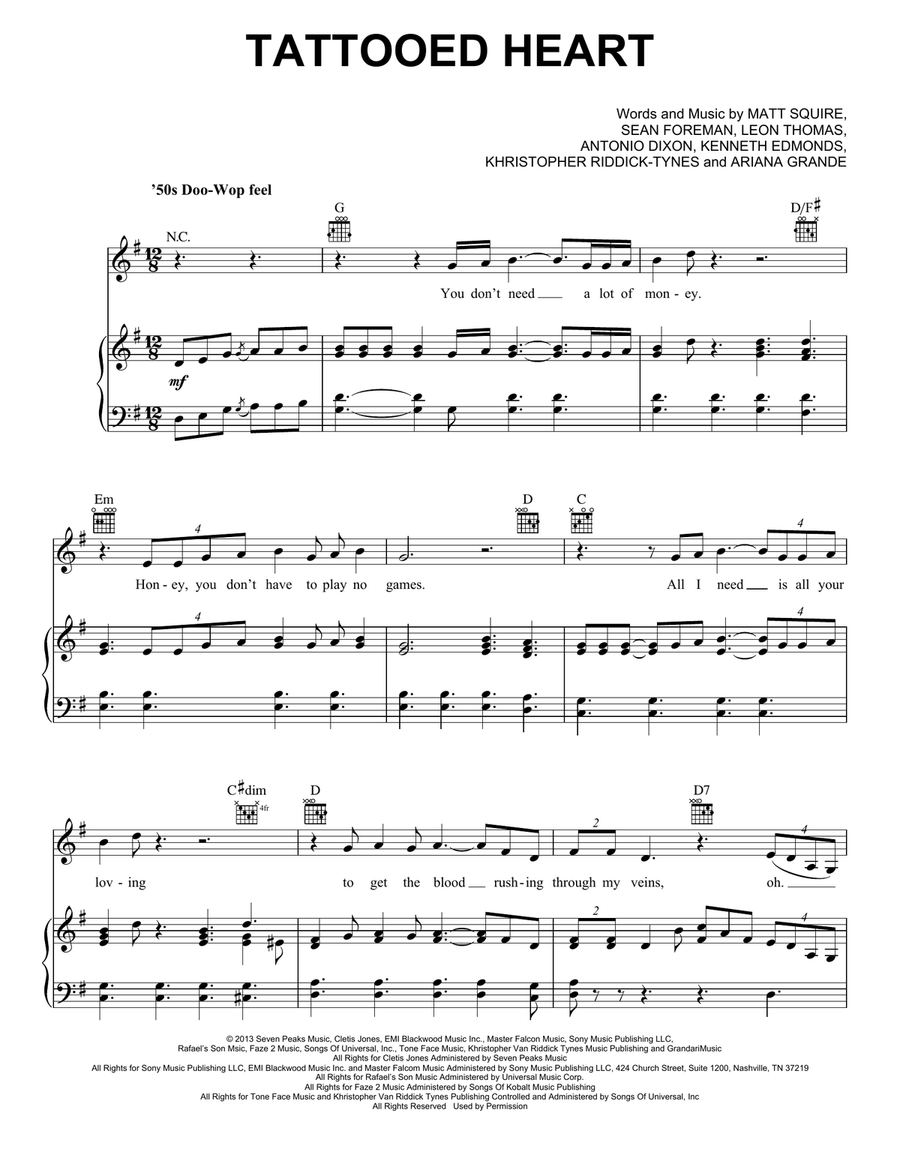 Tattooed Heart Piano, Vocal, Guitar scores gallery preview page 1