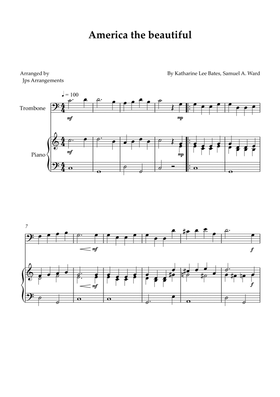 America The Beautiful - Trombone Solo and Piano Piano Accompaniment scores gallery preview page 1
