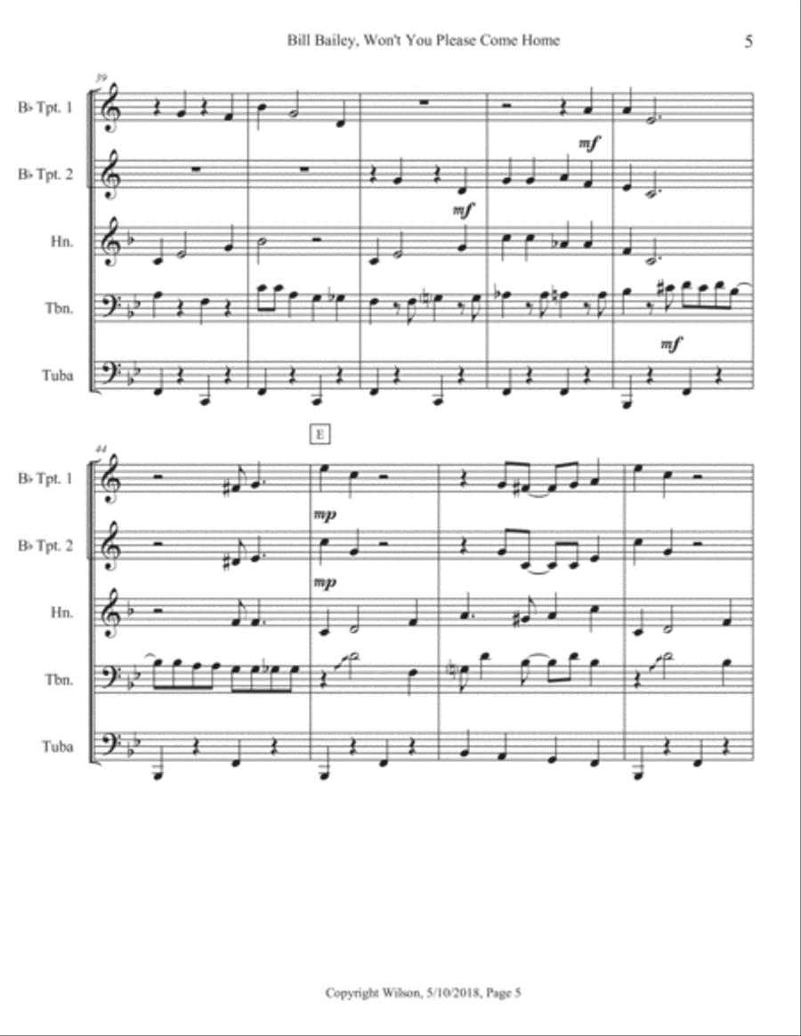 Bill Bailey, Won't You Please Come Home Brass Quintet scores gallery preview page 6