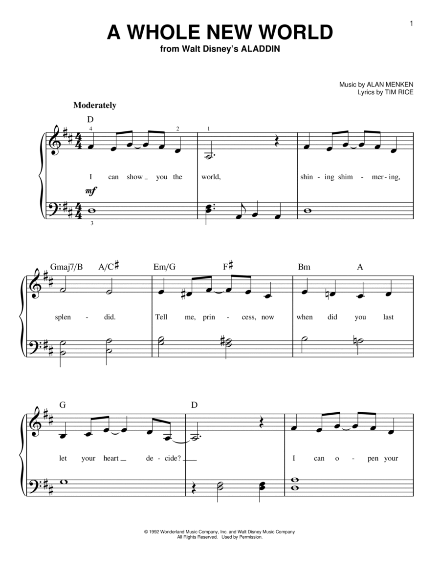 A Whole New World (from Aladdin) Easy Piano scores gallery preview page 1